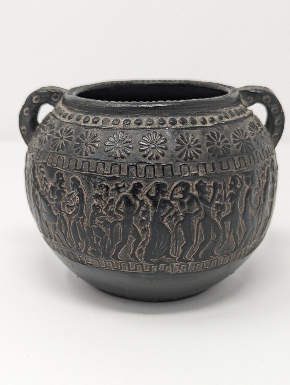 Vintage Carved Stoneware Bowl 5” Black Made In Greece Gods Mythology Souvenir