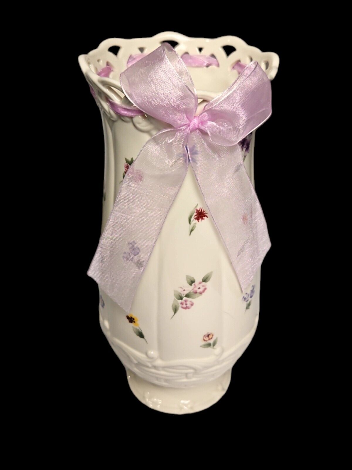 Posy Baskets Bulbous Vase by Lenox~ Pierced Scalloped Edge~Multicolor Flowers