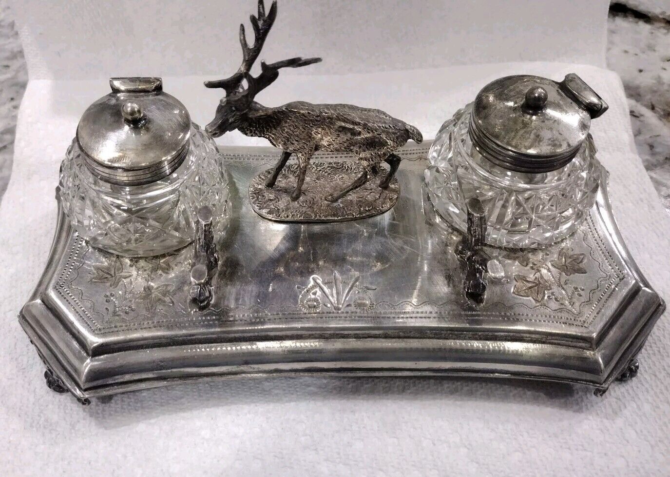 Franch Antique Silver Plated Stag W/double Inkwell ..Armand Frenais..010 Silver