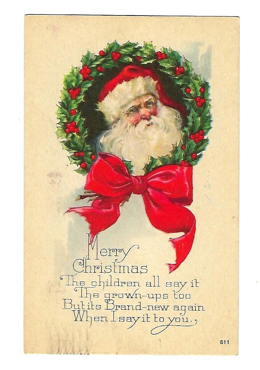 1924 Christmas Postcard Santa Big White Beard & Wreath With Red Bow