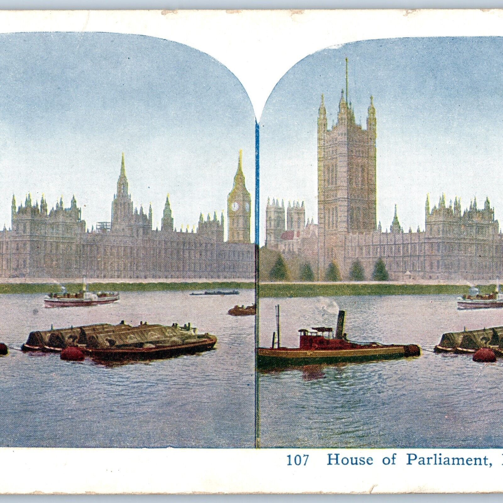 1925 London England House Parliament Tug Tow Steam Boat Steamship Stereoview V39