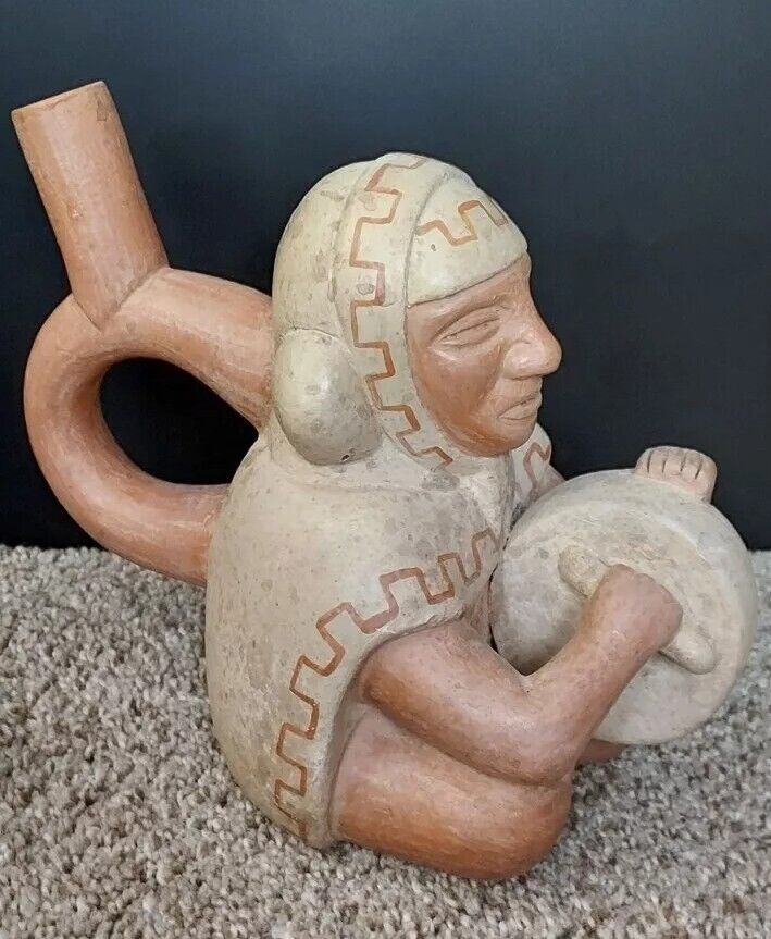 Vintage Moche Peruvian Handmade Reproduction Clay Pottery Portrait Drummer