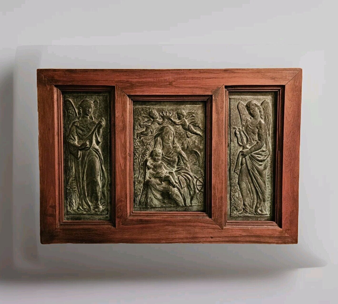 Religious Three Panel Framed VIRGIN MARY Ceramic Icon (1900s) France
