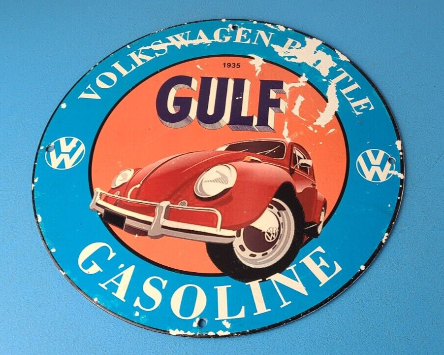 Vintage Gulf Gasoline Sign - Volkswagen Gas Pump Station Beetle Porcelain Sign