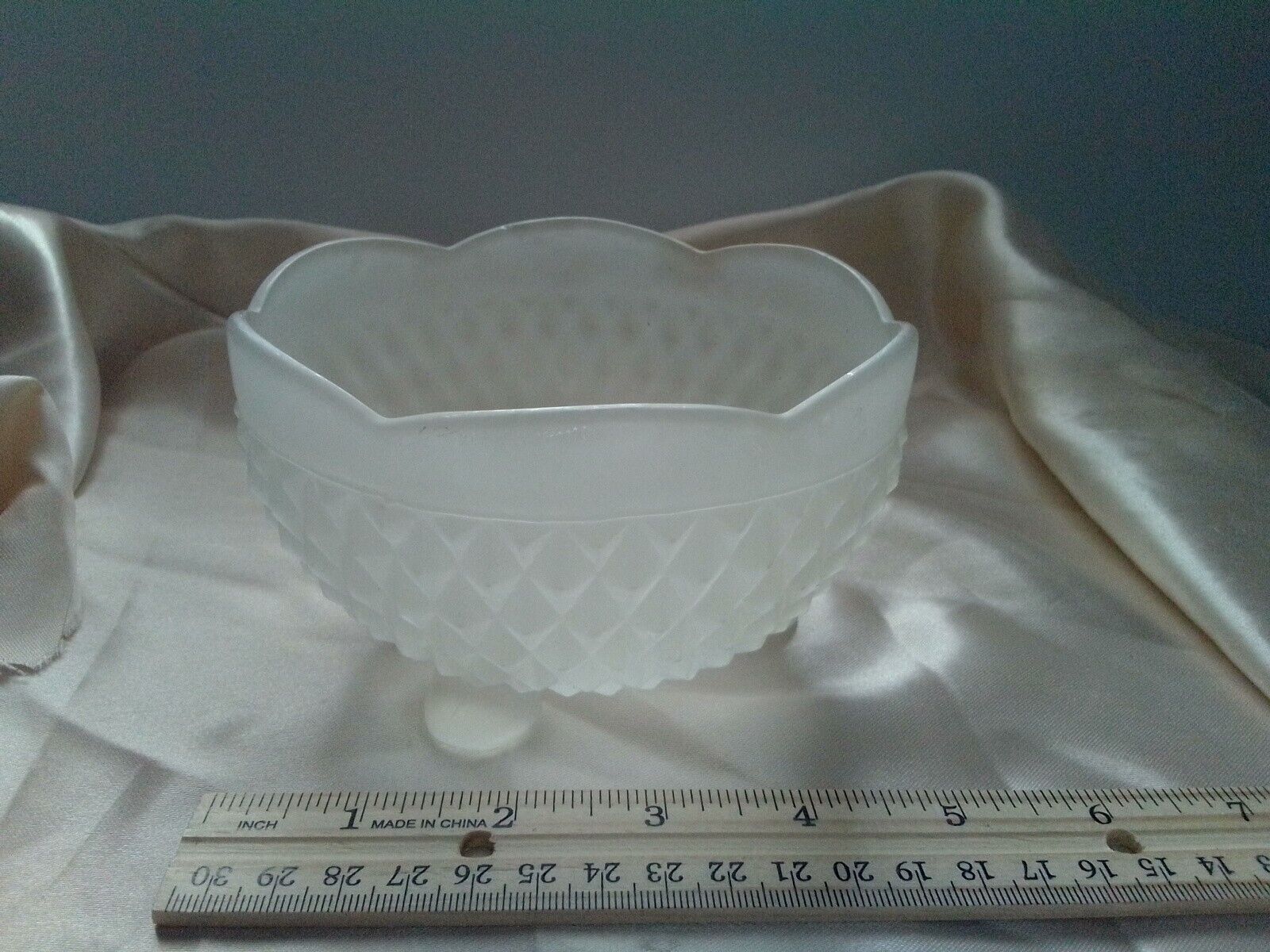Vintage Indiana White Satin Glass Diamond Point Scalloped 3 Footed Candy Dish