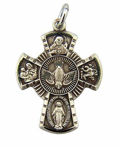 HMHInc Sterling Silver 4-Way Miraculous Scapular Medal Cross Pendant, 15/16 Inch