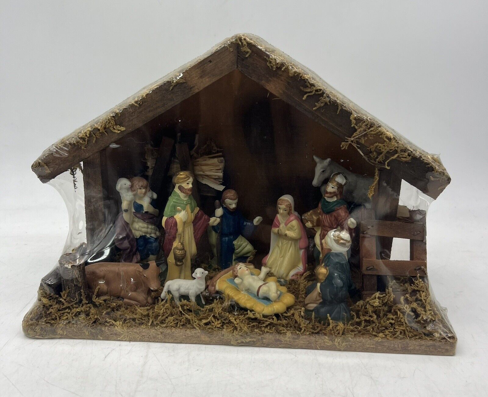 Vintage Christmas Nativity Set 11 Static Piece Ceramic Wood Creche Stable Manger
