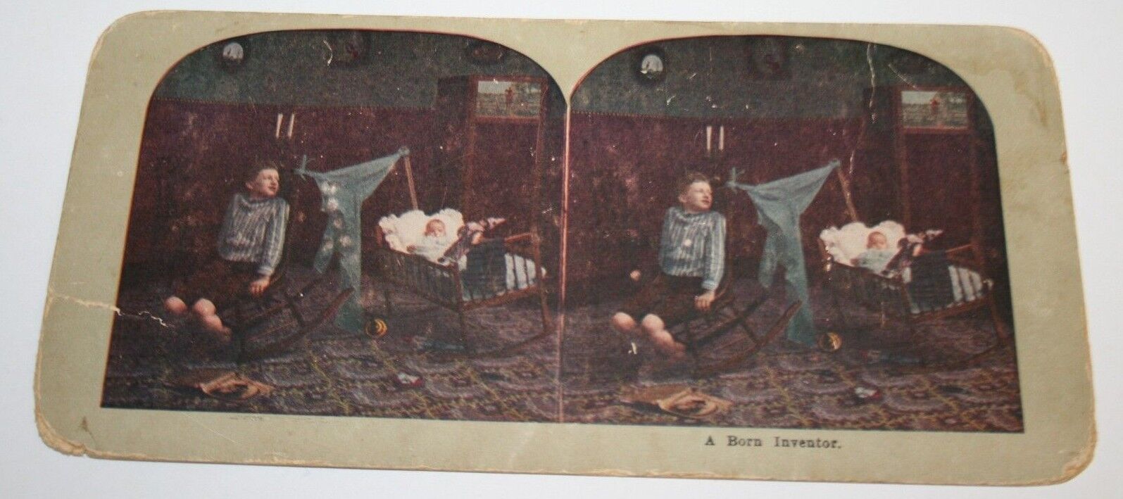 Original 1900\'s Antique Funny Young Inventor Boy Rocks Baby To Sleep Stereoview