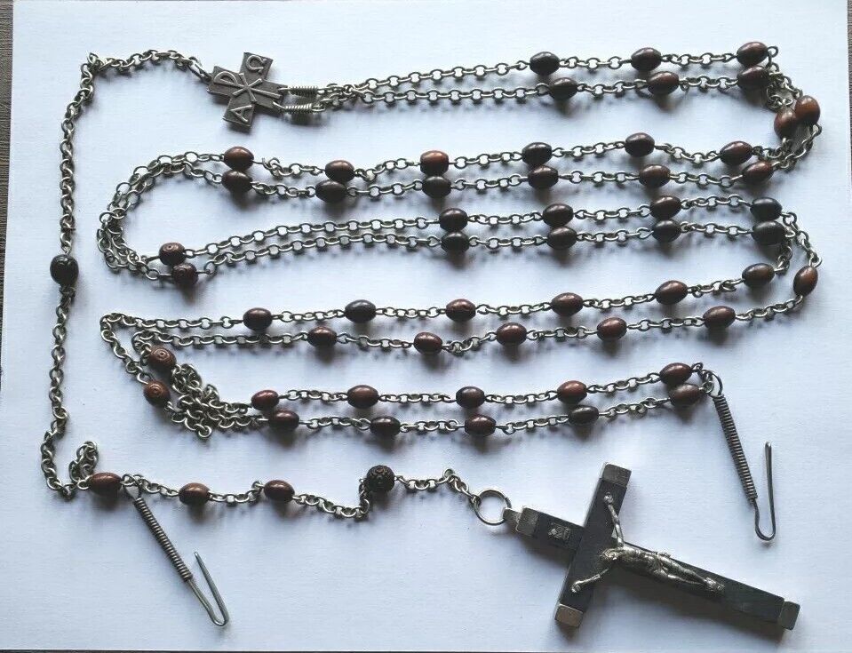 Vtg Antique Rosary Lrg Wood Beads Nuns Habit Sterling Medal Crucifix Italy 