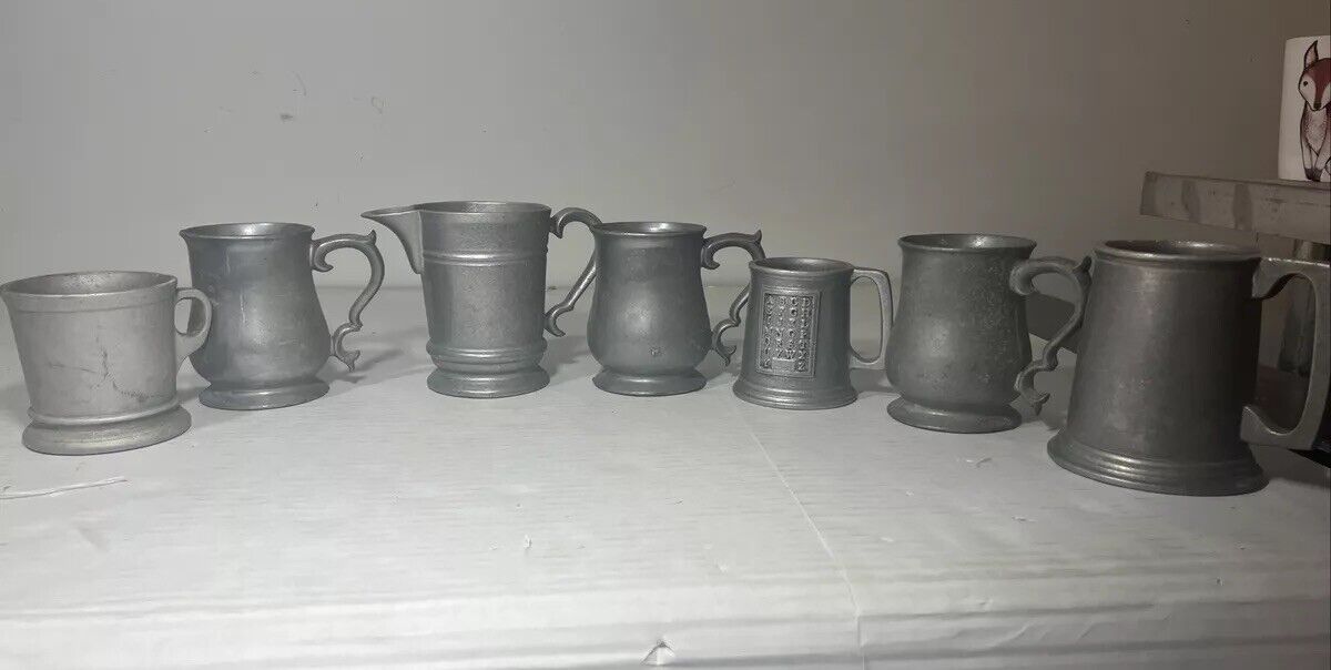 Set Of 7 English Pewter Antique Beer Mugs 