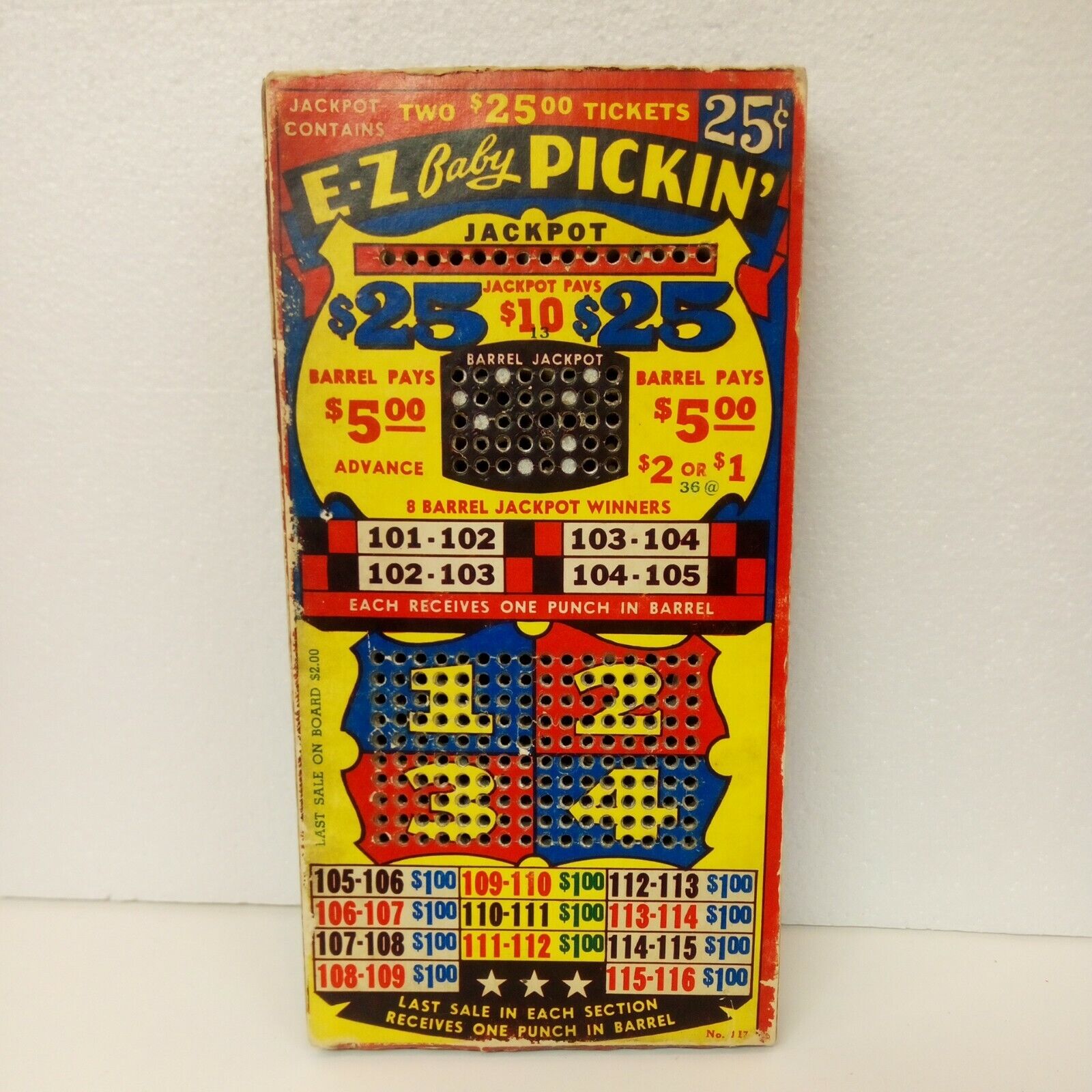 Vintage Punch Board Bar Gambling Game 25 Cent E-Z Baby Picking Some Unpunched