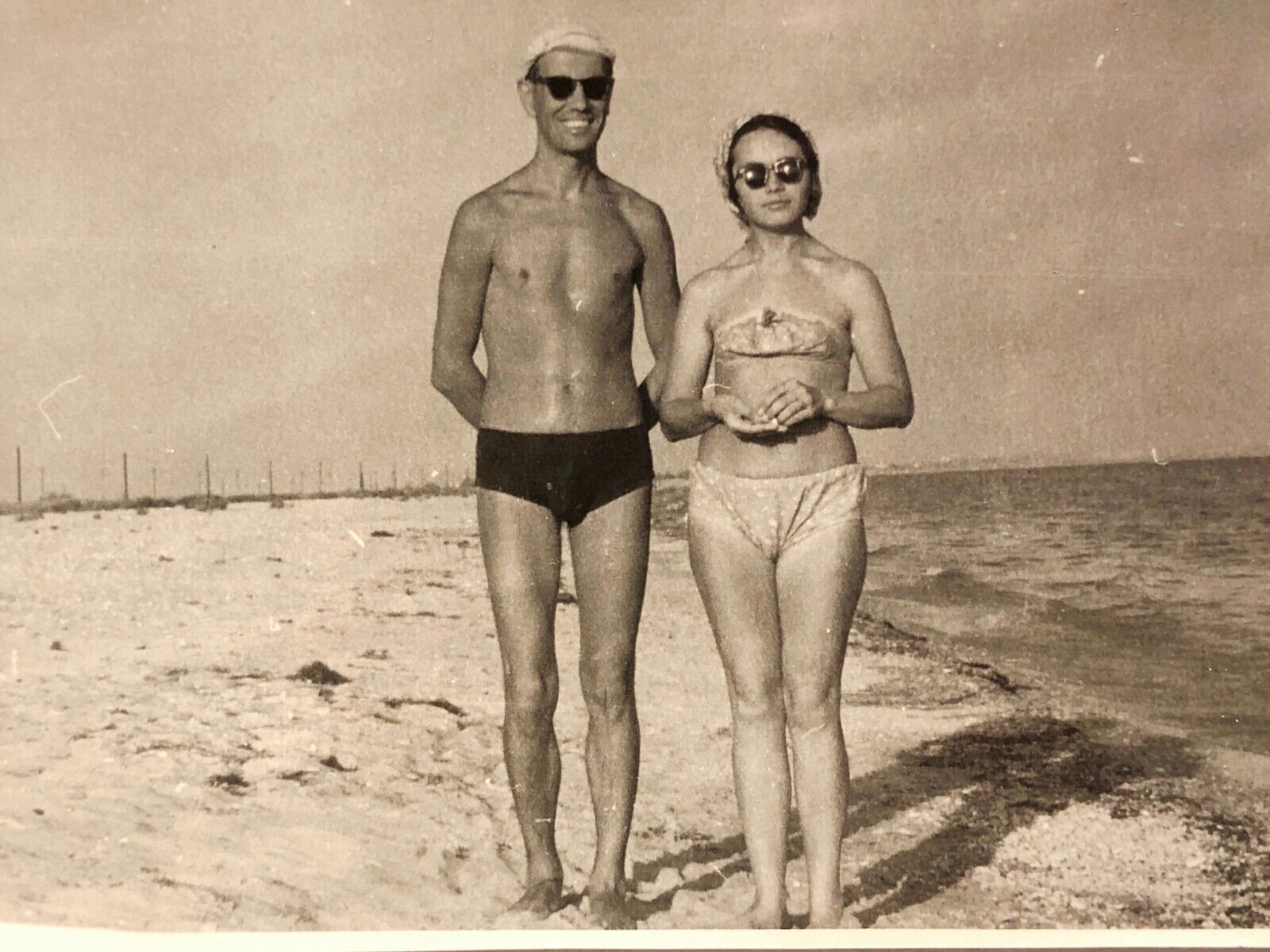 1950s Shirtless Handsome Man Bulge Trunks and Woman Gay int Vintage Photo