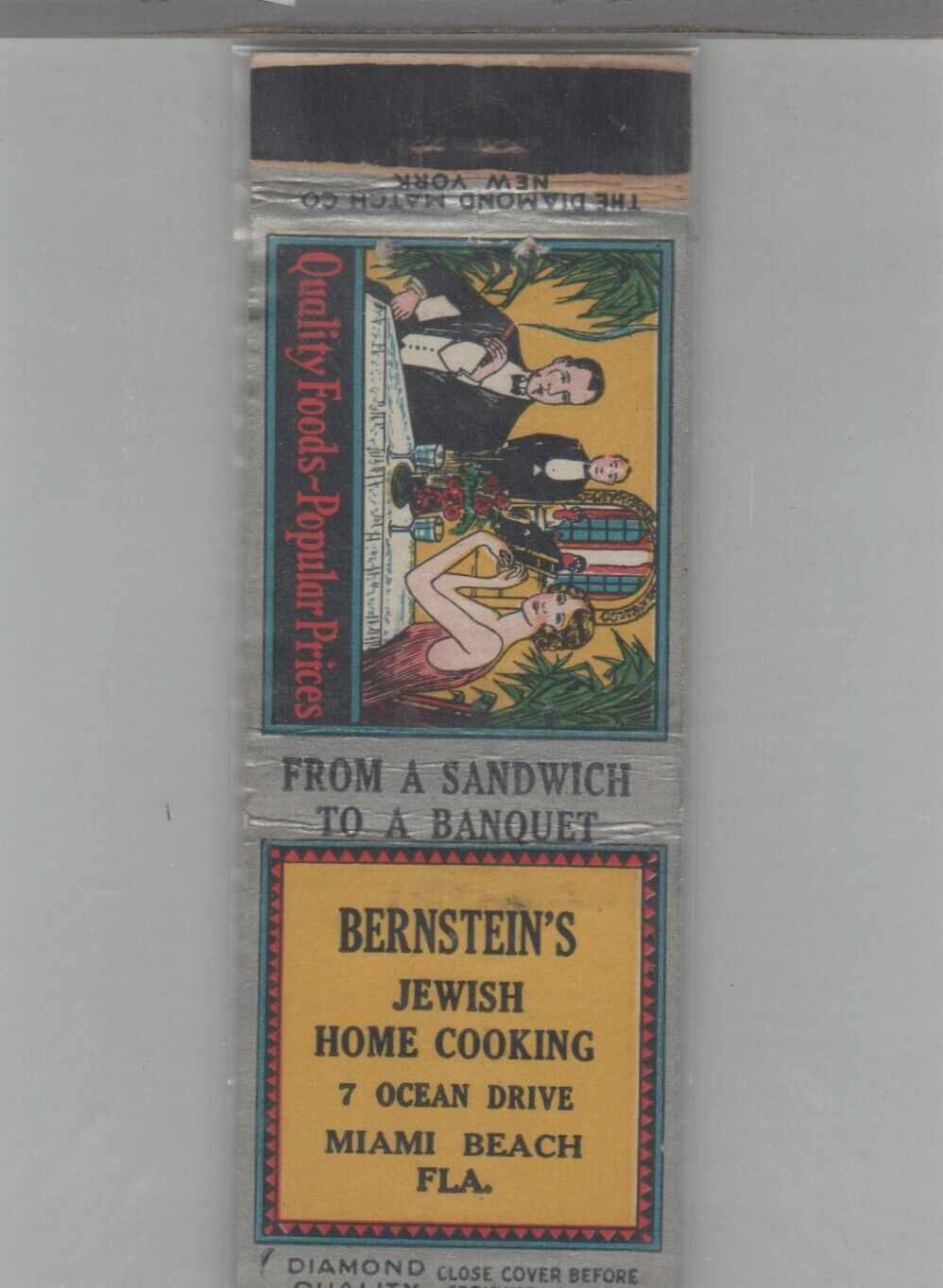 Matchbook Cover 1930s Diamond Quality Bernstein's Jewish Home Cooking Miami Beac