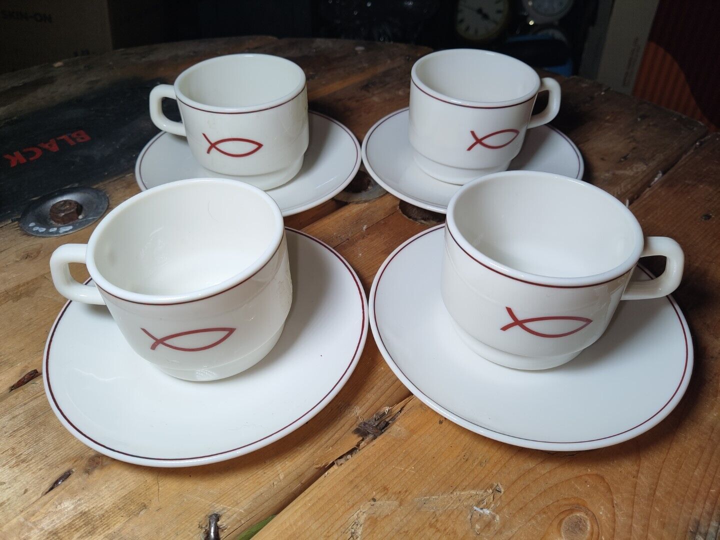 Mid-Century Arcopal France Gastronomie Christian Fish Logo Cups/Saucers Set of 4