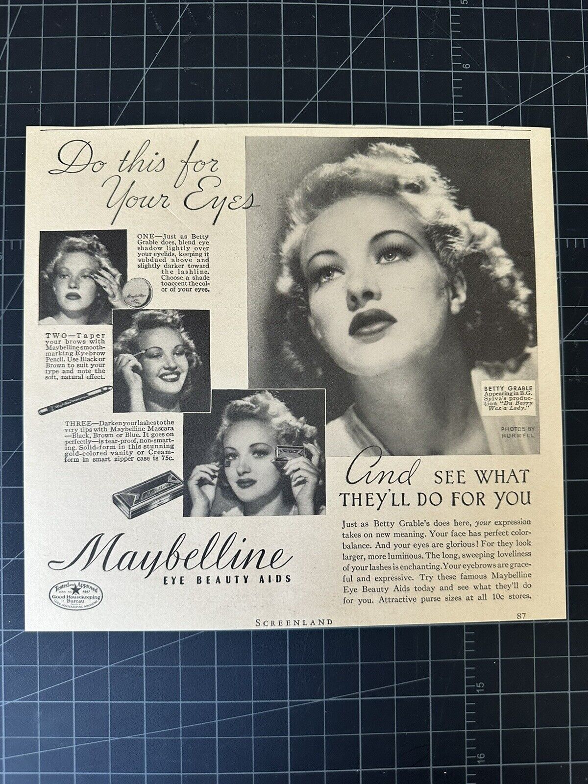 Vintage 1940s Maybelline Cosmetics Print Ad - Betty Grable