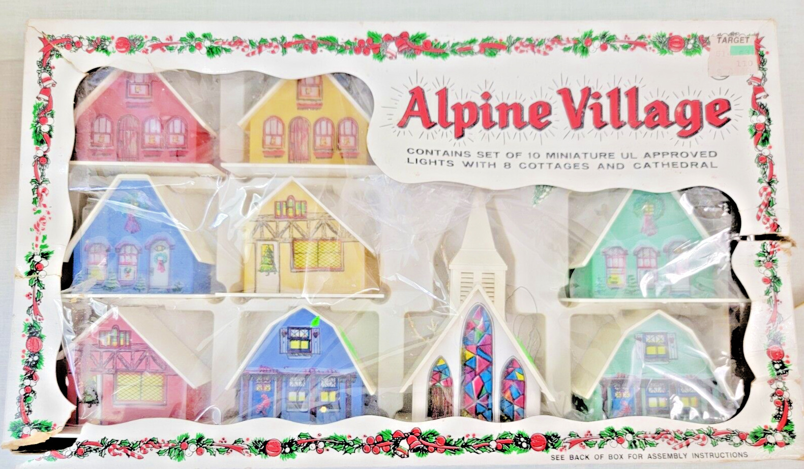 VTG ALPINE VILLAGE VILLAGE W/8 PUTZ HOUSES & CHURCH ORIGINAL BOX (DAMAGED) USA