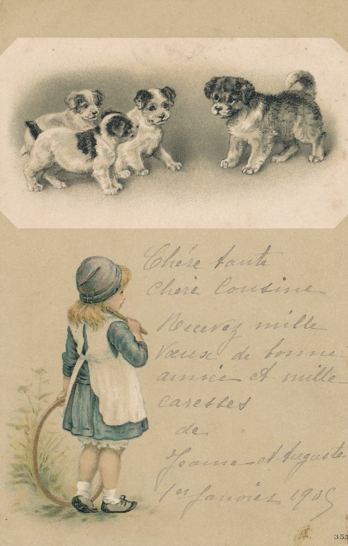 Four Dogs, Girl and Hoop Helena Maguire Postcard - udb - 1905