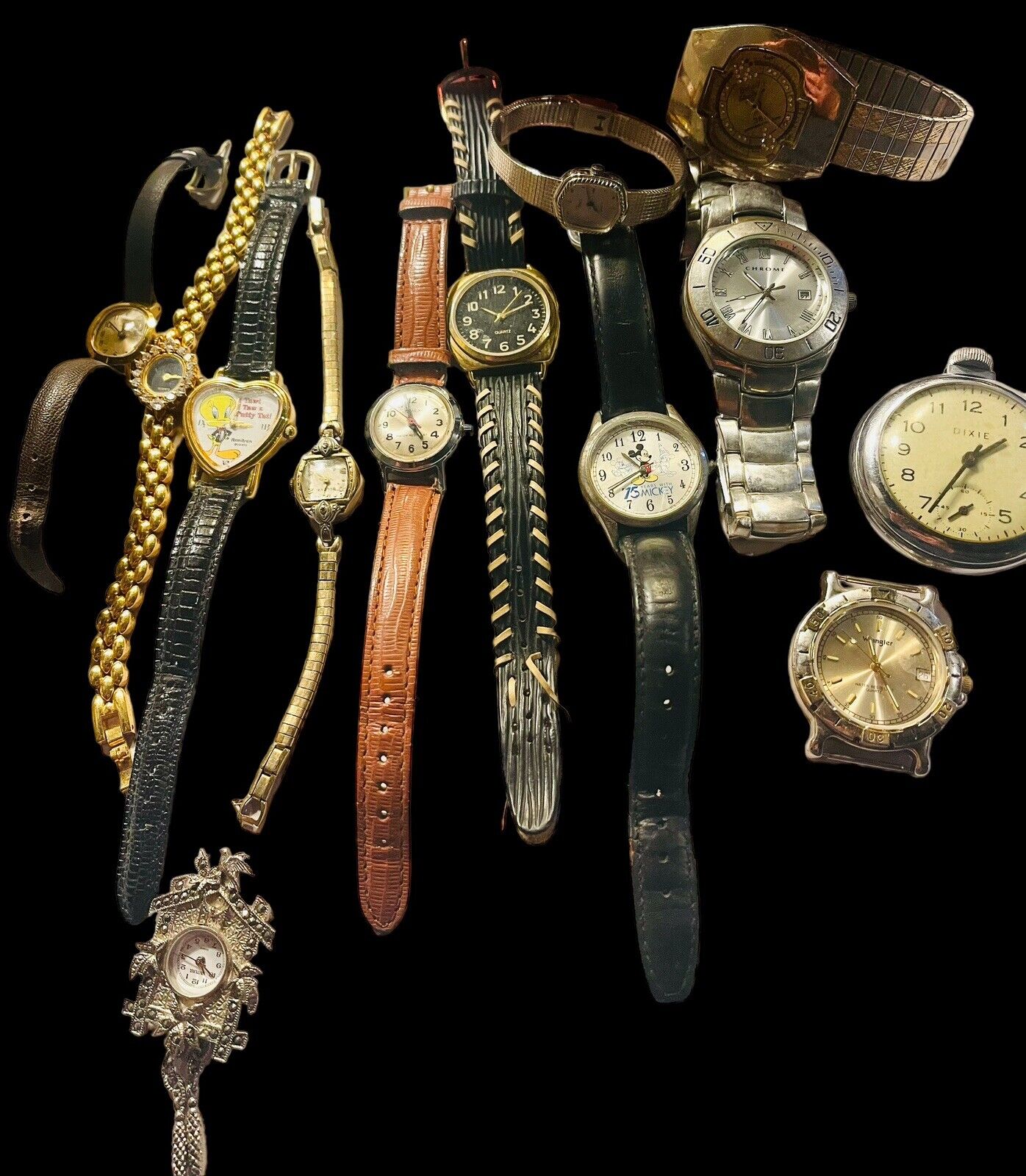 Lot Of 13 Vtg Watches Timex, Disney, Bulova Etc Parts Or Repair Some Gold READ
