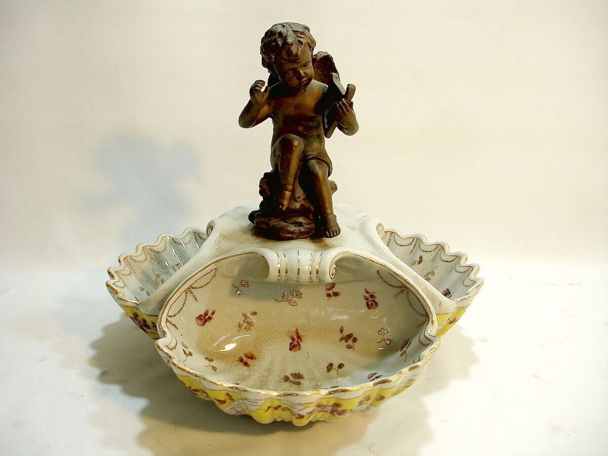 Vintage Porcelain Snack Tray / Card Tray + Angel Cherub Sculpture in Bronze