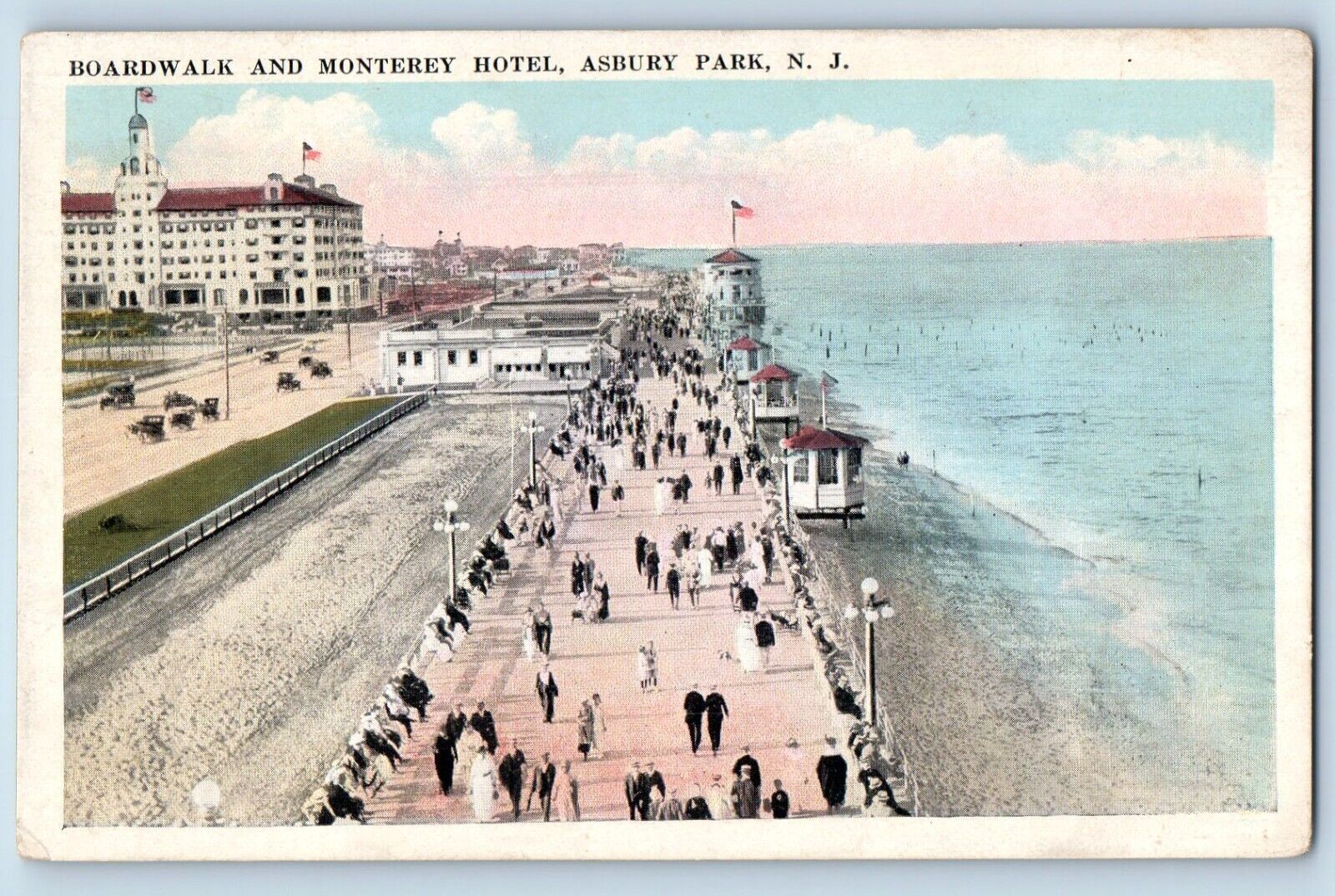 Asbury Park New Jersey Postcard Boardwalk Monterey Hotel c1920 Vintage Antique