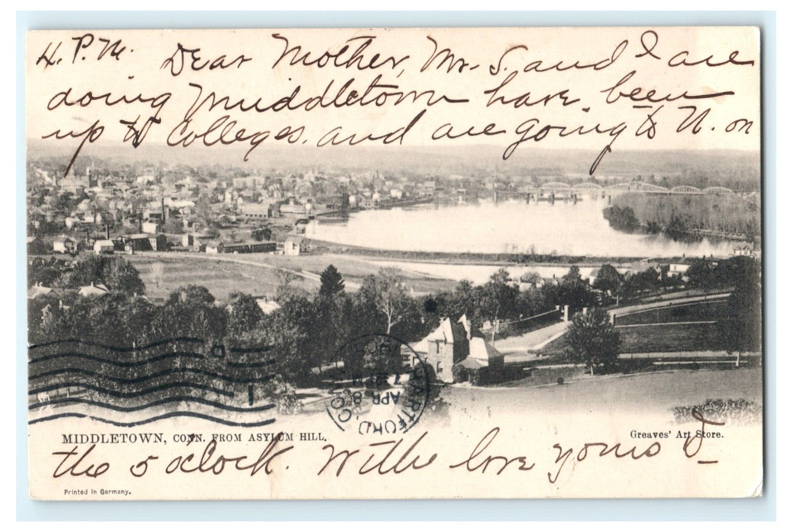 1905 Middletown CT From Asylum Hill CT River Aerial View - Posted Raphael Tuck
