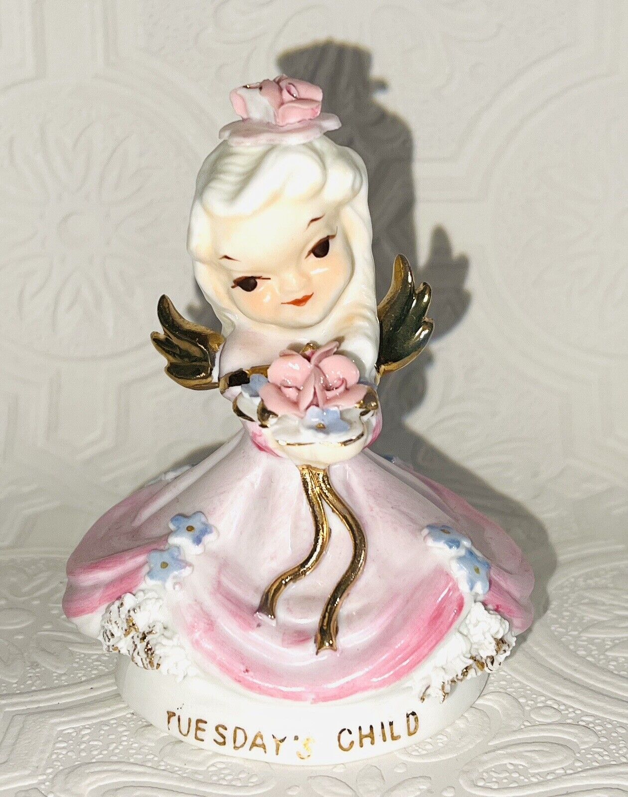 Lefton Tuesday’s Child Angel Figurine Porcelain Gold Wings Days Of The Week