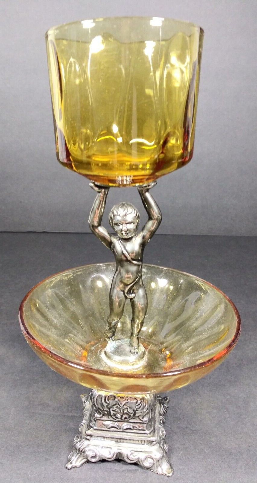 Vintage Compote Cherub Holding Amber Glass Dish Silver Base 8.5” Tall