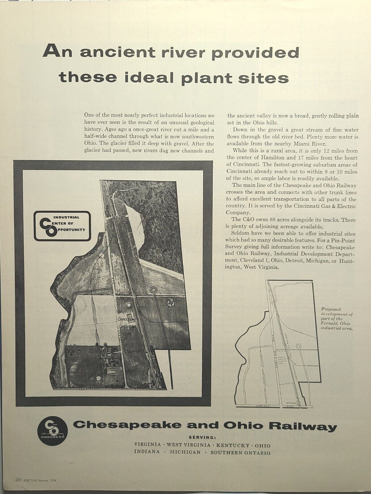 Chesapeake and Ohio Railway Industrial Center Opportunity Vintage Print Ad 1954