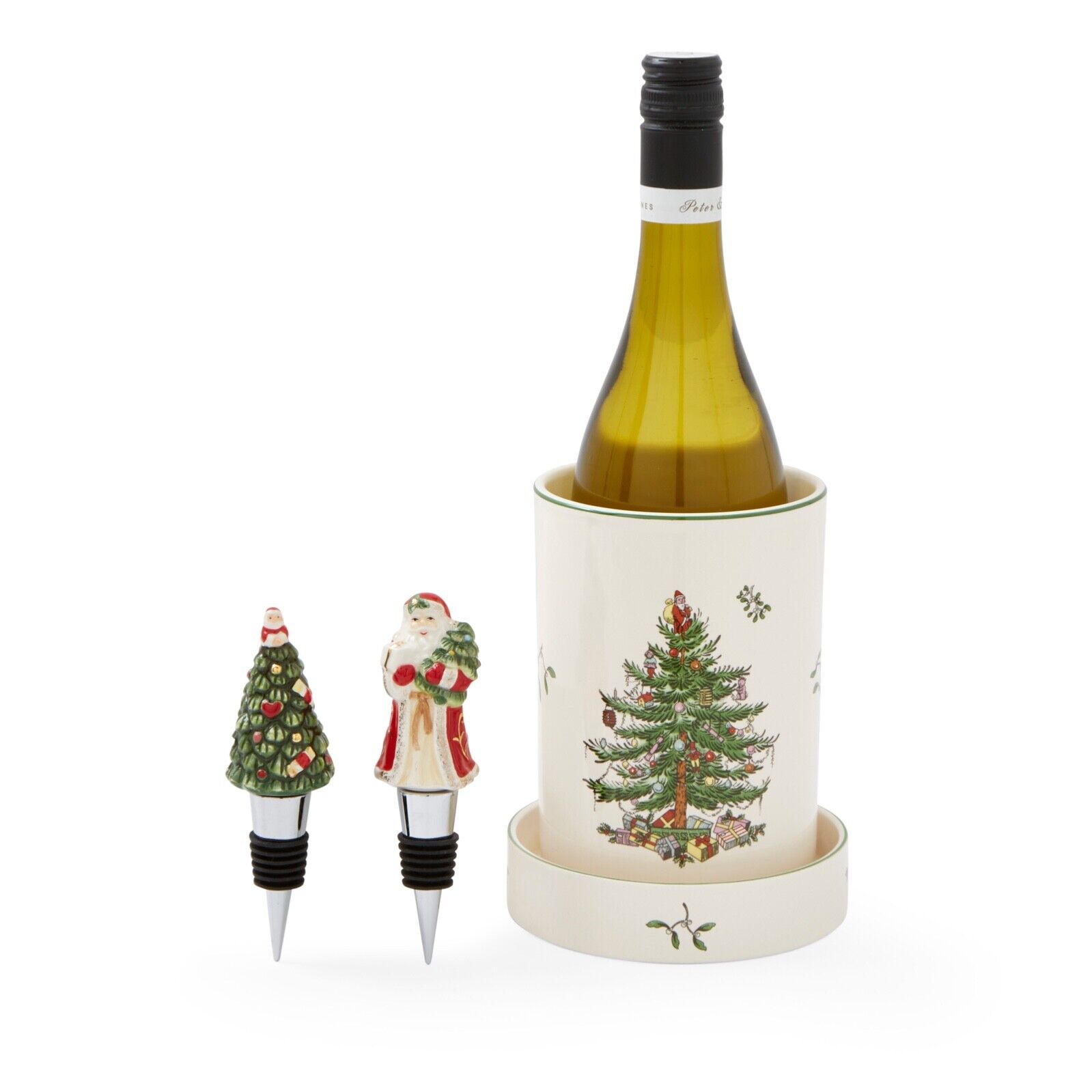 Spode Christmas Tree Set Of 4 Wine Set Chiller Coaster 2 Bottle Stoppers