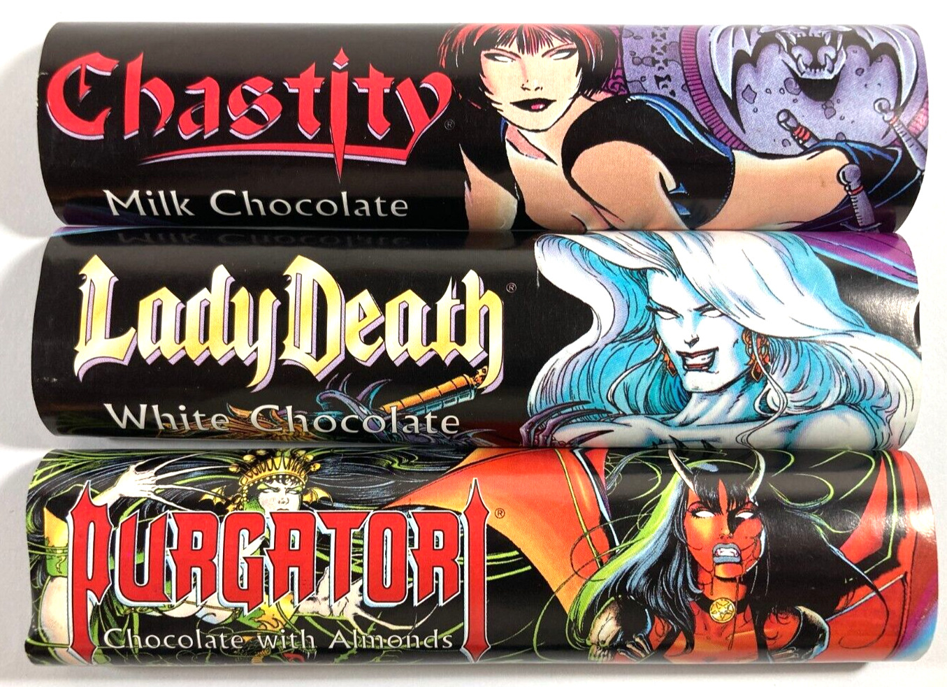 3 LADY DEATH & THE WOMEN OF CHAOS Chocolate Bar WRAPPERS ONLY Chastity PURGATORI