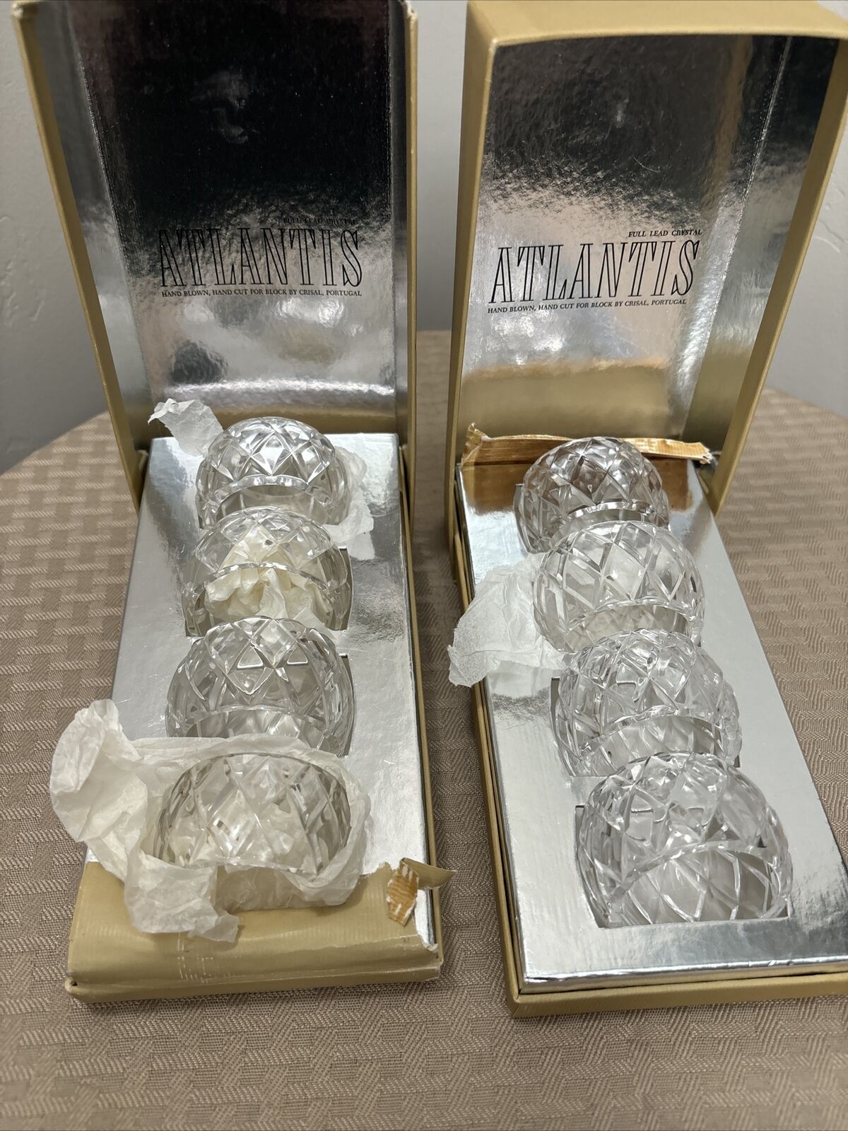 Atlantis Full Lead Crystal Napkin Rings Set Of 8 Vintage Portugal In Box