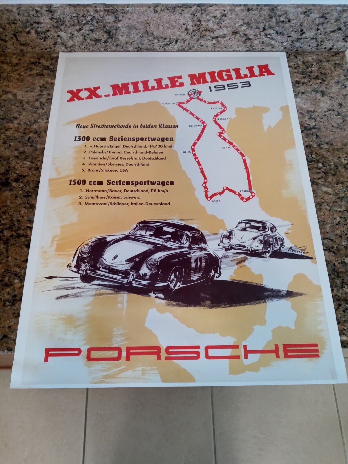 Vintage Porsche racing Poster XX. Mille Miglia 1953