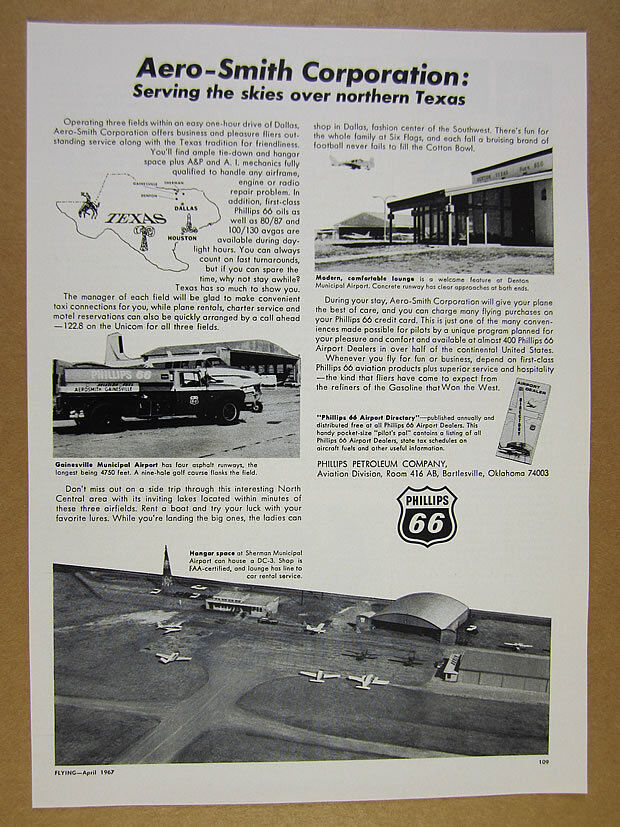 1967 Aero-Smith Denton Gainesville & Sherman TX airports Phillips 66 vintage Ad