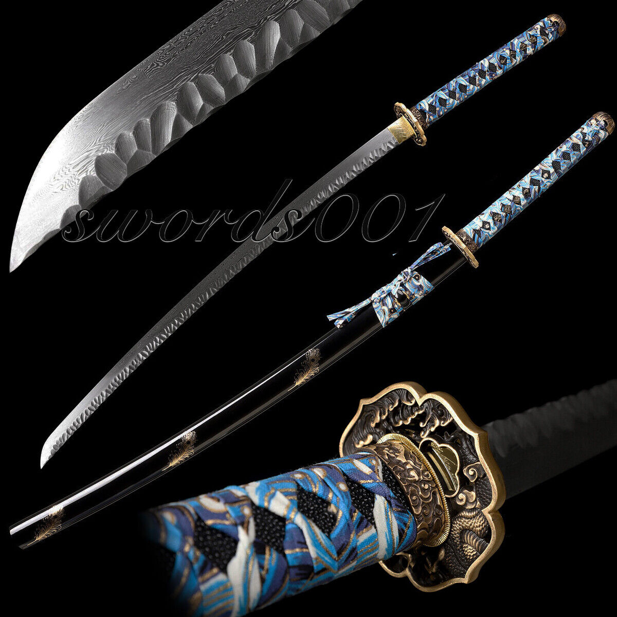 Japanese Full Tang Samurai Katana Sword Sharp Damascus Steel Brass Tsuba
