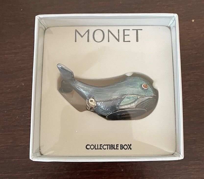 Vintage New Monet Enamel Keepsake Trinket Box Blue Whale In Original Box