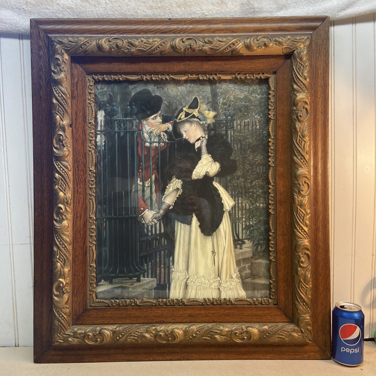 Vtg Ornate Wood Chalk Large Portrait Canvas Frame Victorian Couple Love Print