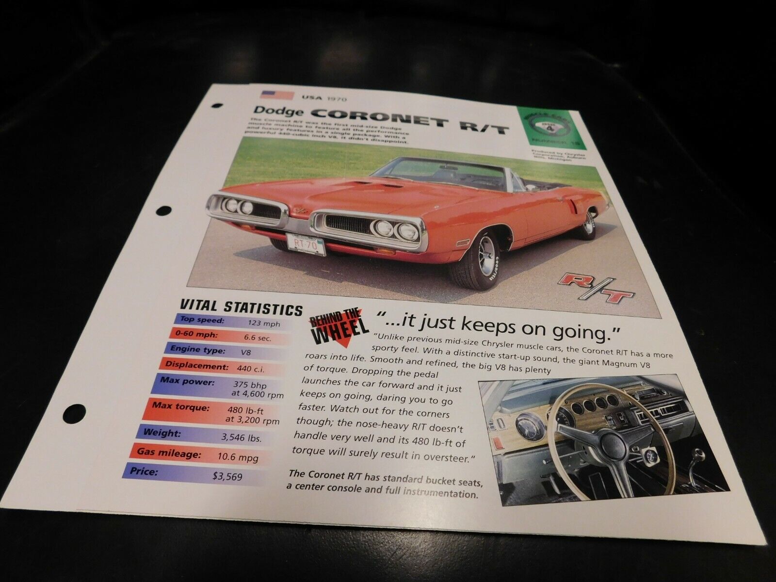 1970 Dodge Coronet Spec Sheet Brochure Photo Poster