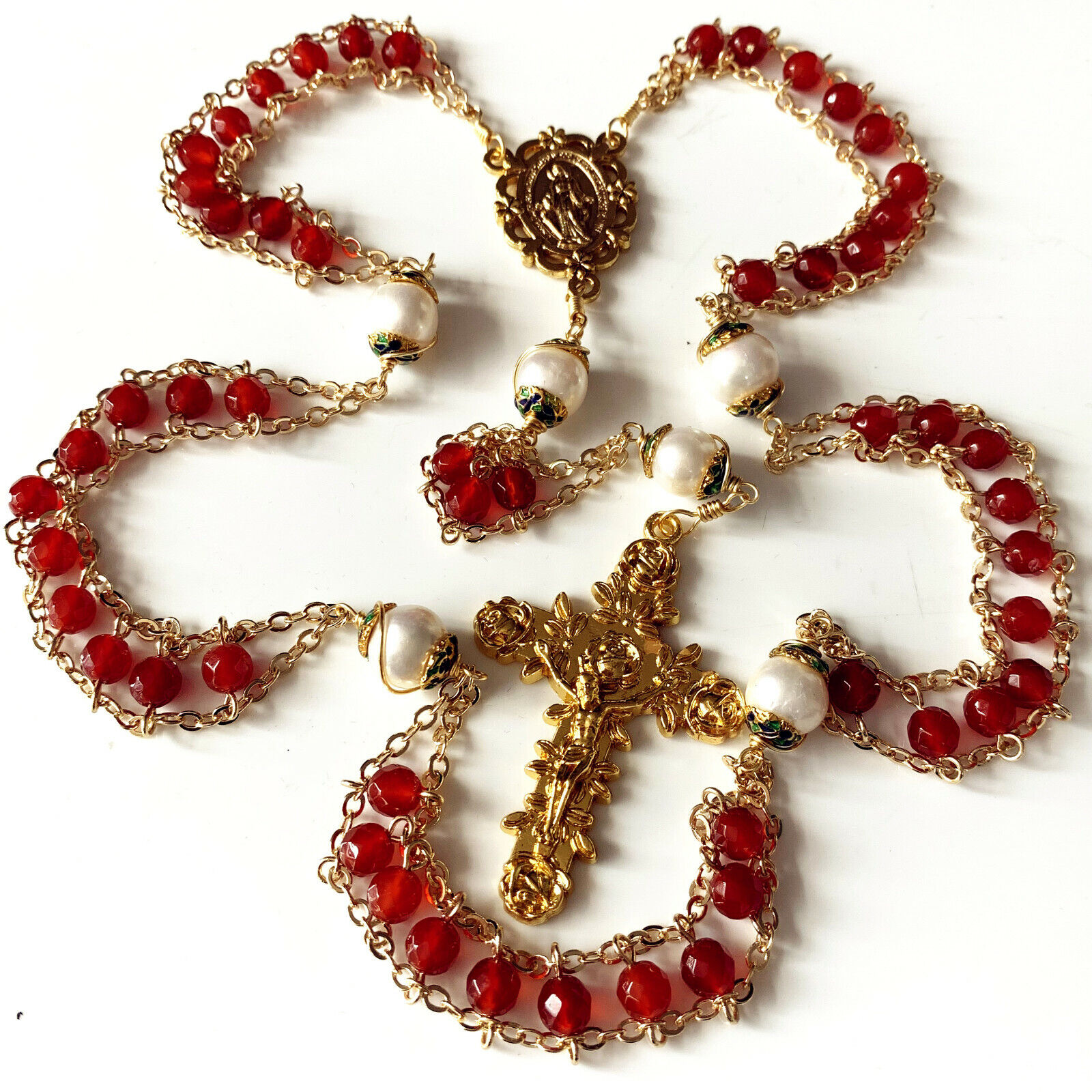 Gold Ladder to Heaven Red Agate & Real AAA10mm Pearl Catholic Rosary cross box