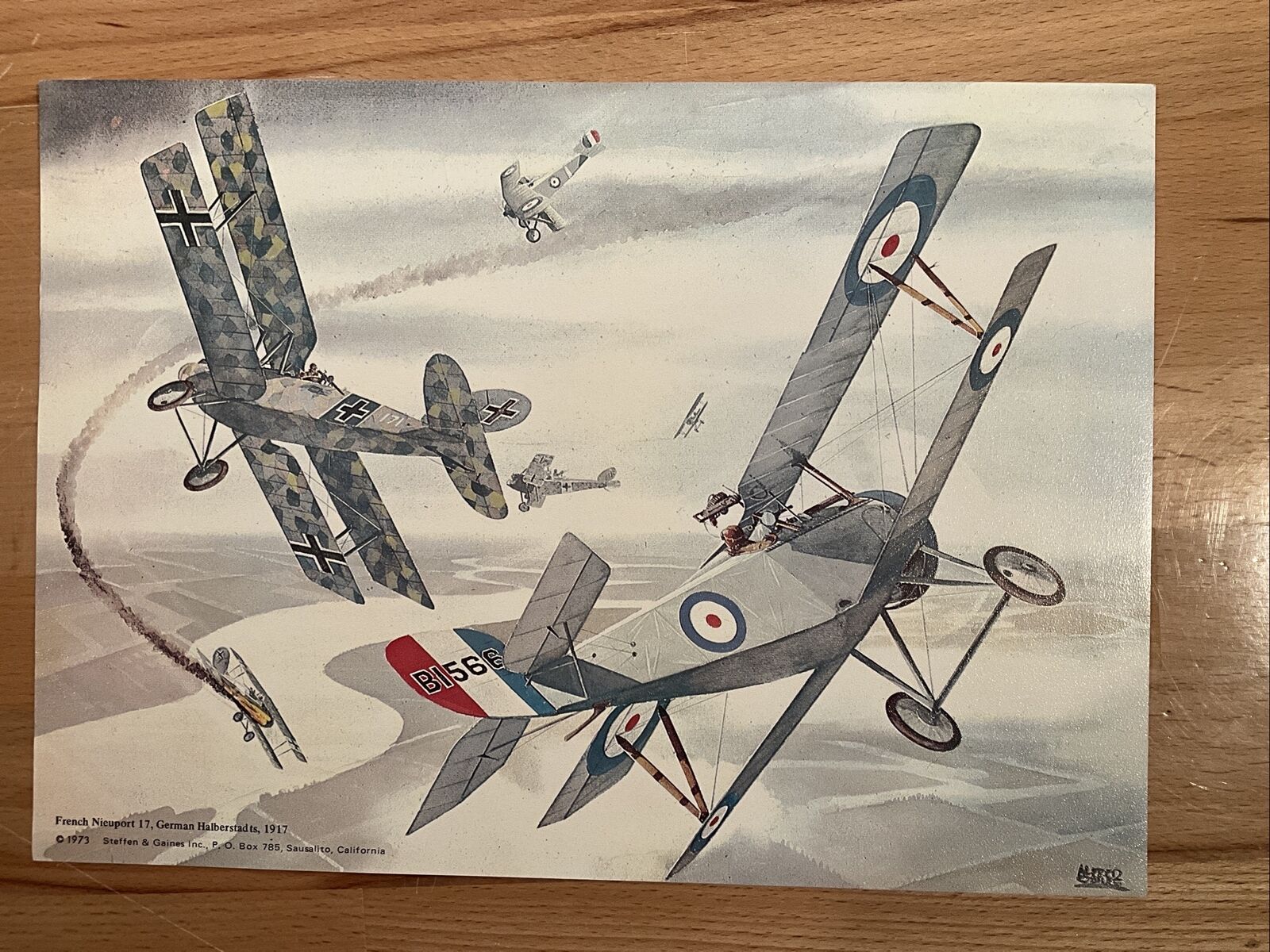 French Nieuport 17 German Halberstadt 1917 Alfred Owles print 1973 7.5x11 Vtg