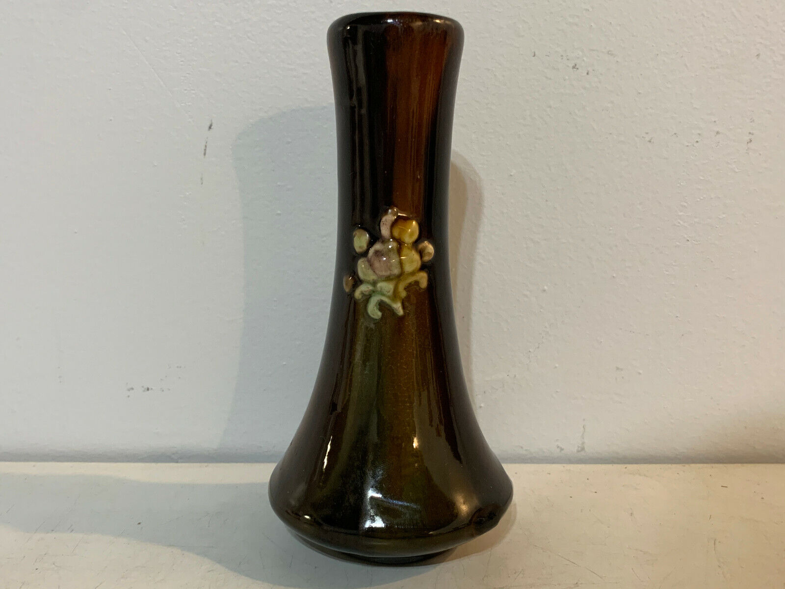 Vintage Antique Rockingham Glaze Porcelain Bud Vase w/ Flower Motif
