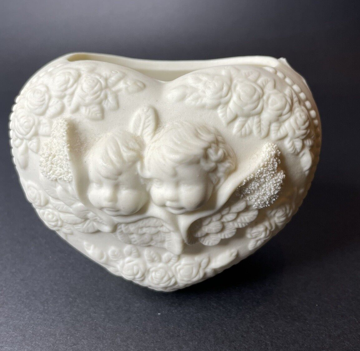 Heart Vase Cherub Angels Figural Ornate Roses Delicate White Porcelain Bisque