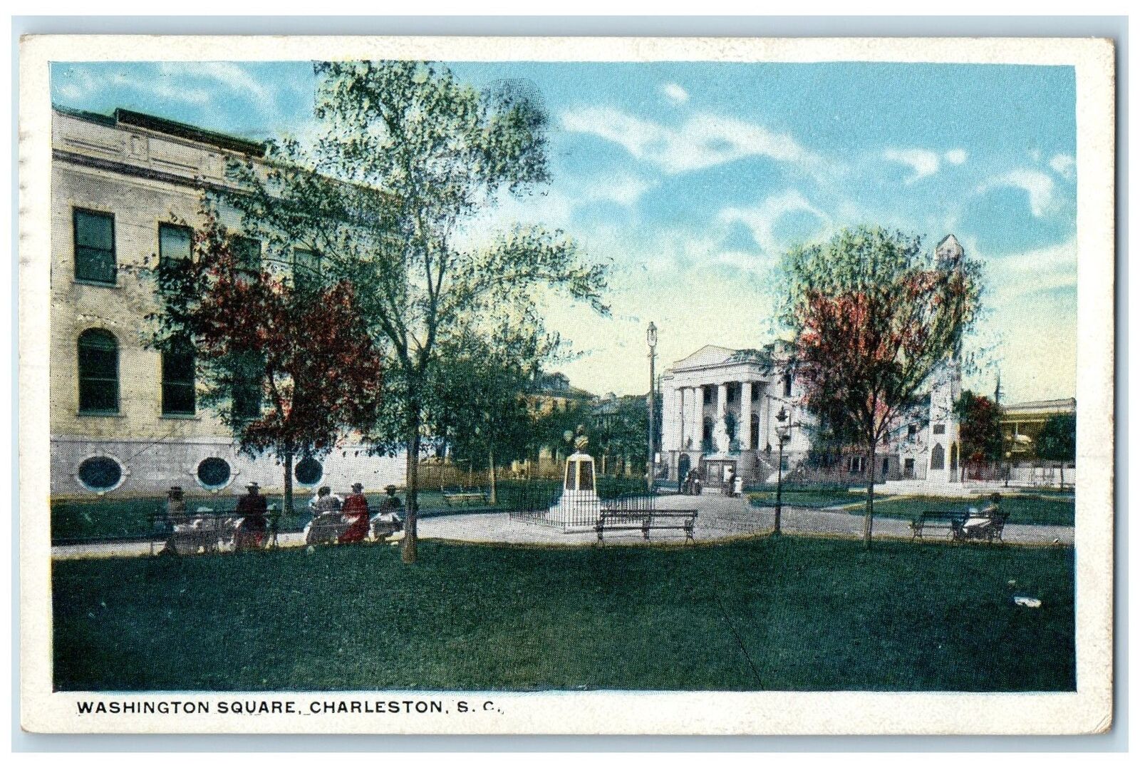 1924 Washington Square Tourists Benches Charleston South Carolina SC Postcard