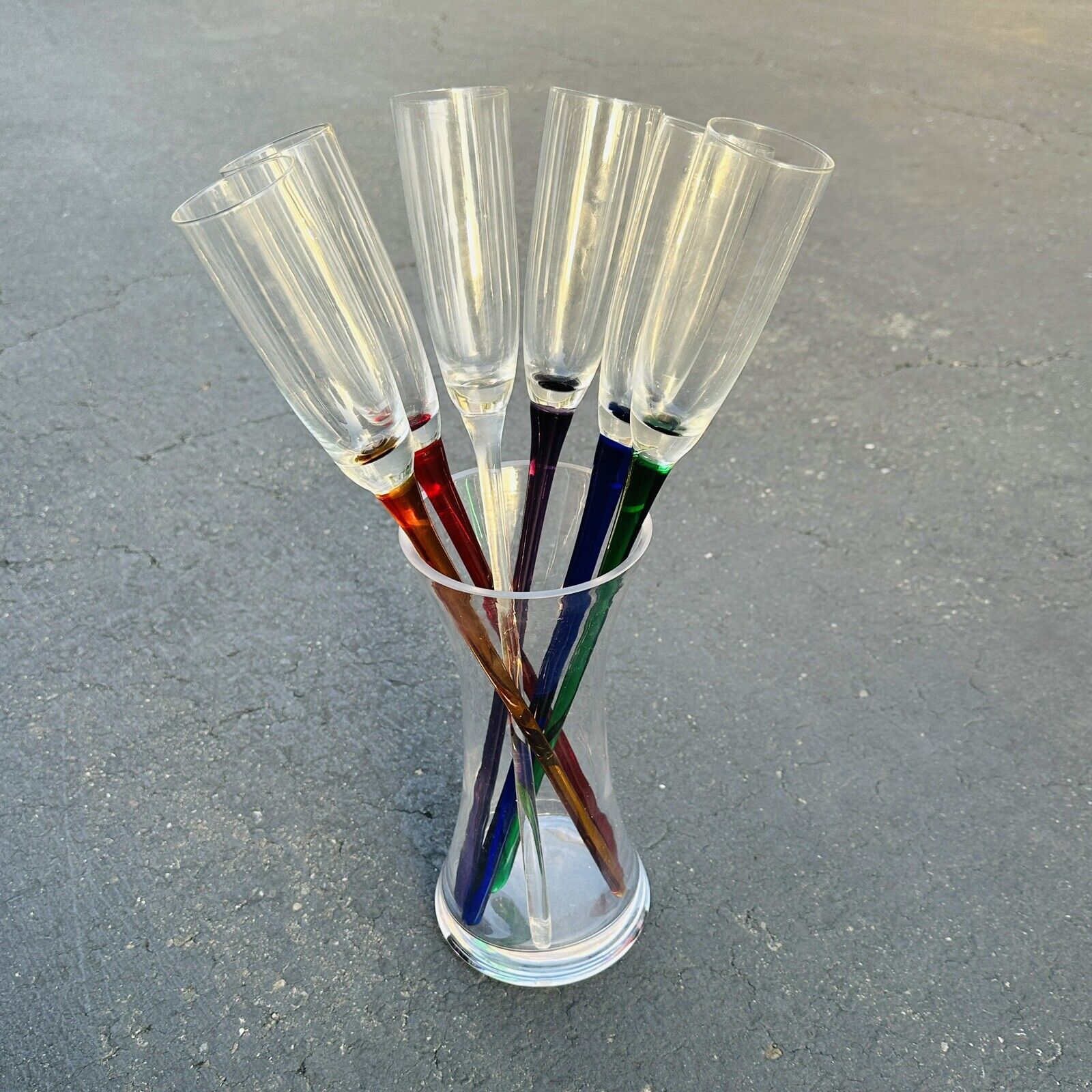 HANDBLOWN ArtLand Flute Champagne Glasses Set of Six Long Multi-Color Stems NIB