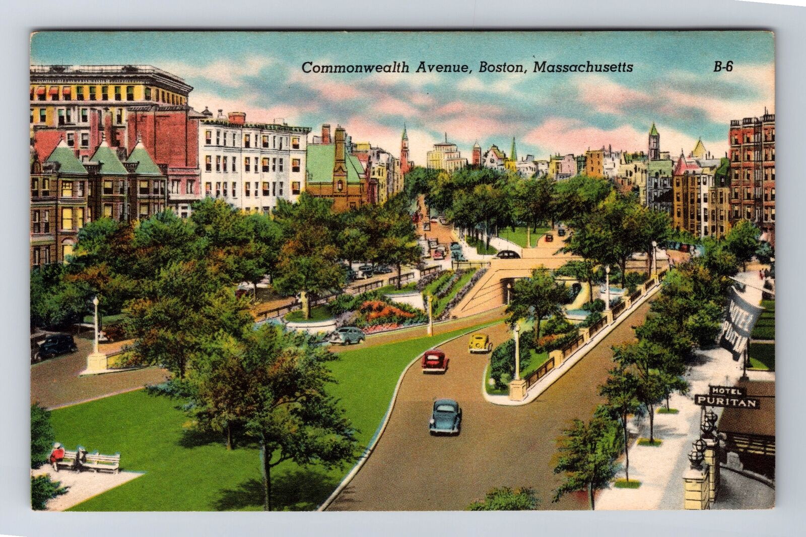 Boston MA-Massachusetts, Commonwealth Avenue, Vintage Cars, Vintage Postcard