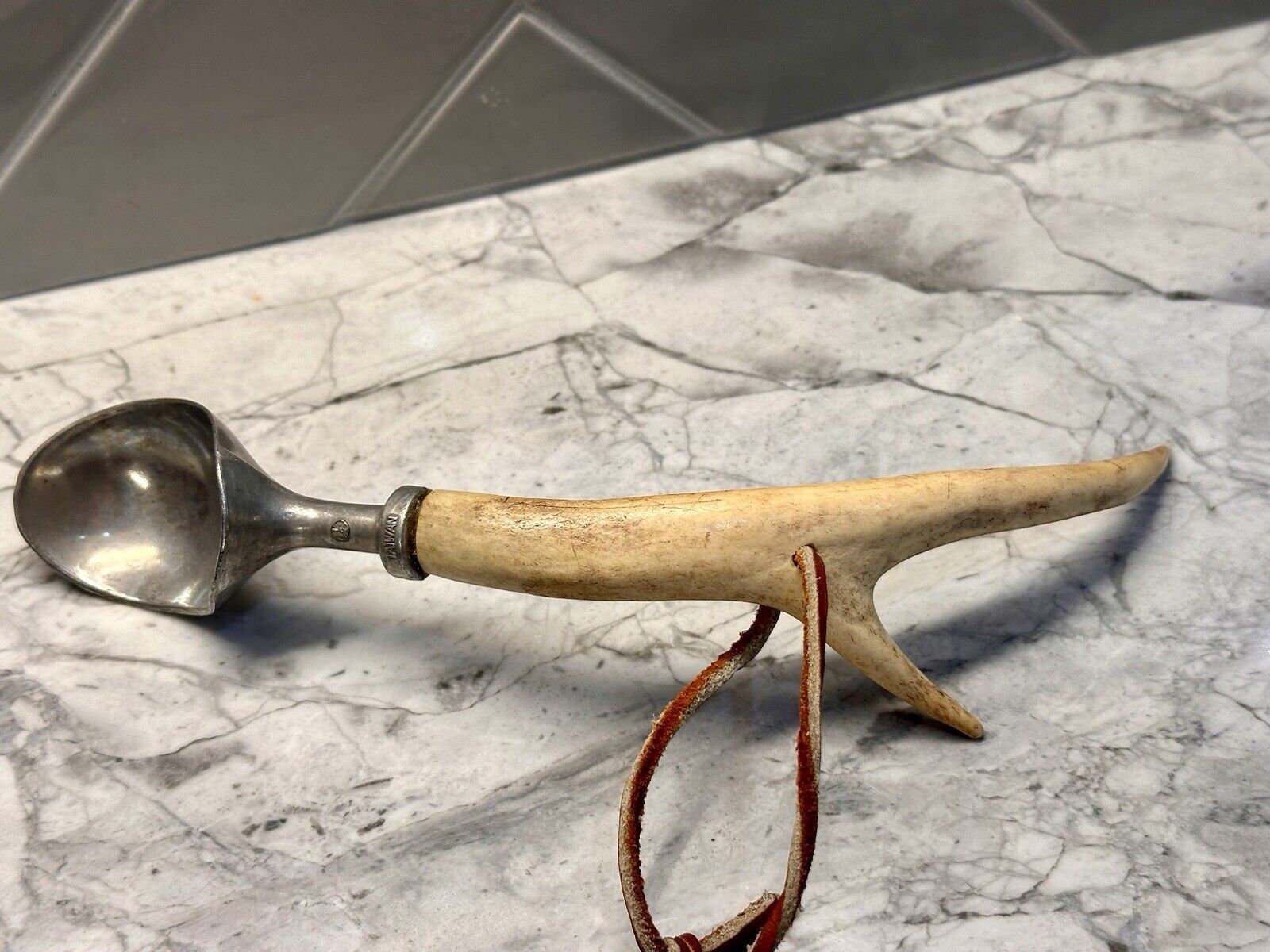Vintage Rare Antler Handled Scoop Utensil Collectible Taiwan Signed Hunter Gift