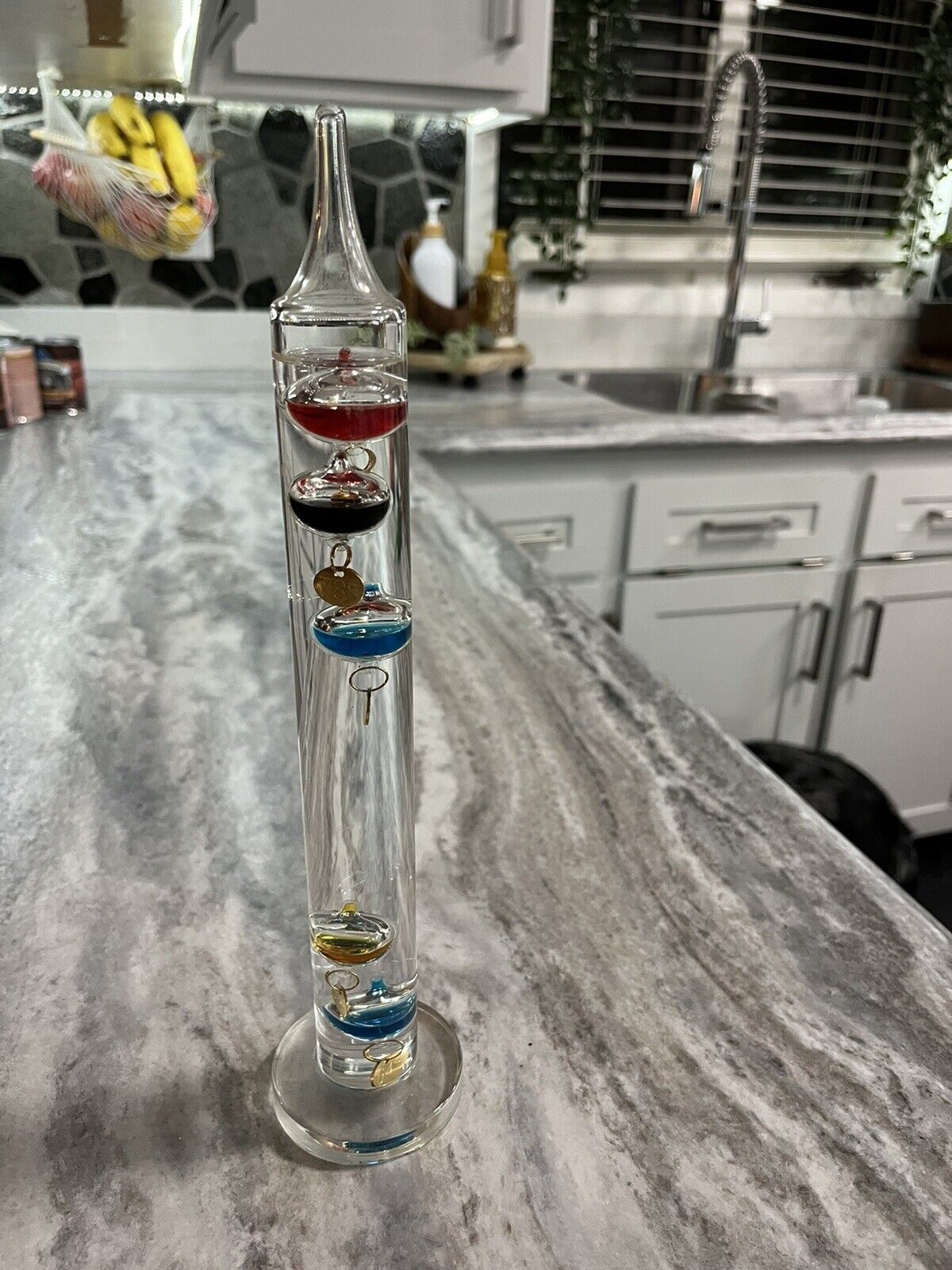 Galileo Glass Thermometer Floating Color Glass Balls Gold Tags 11” Tall