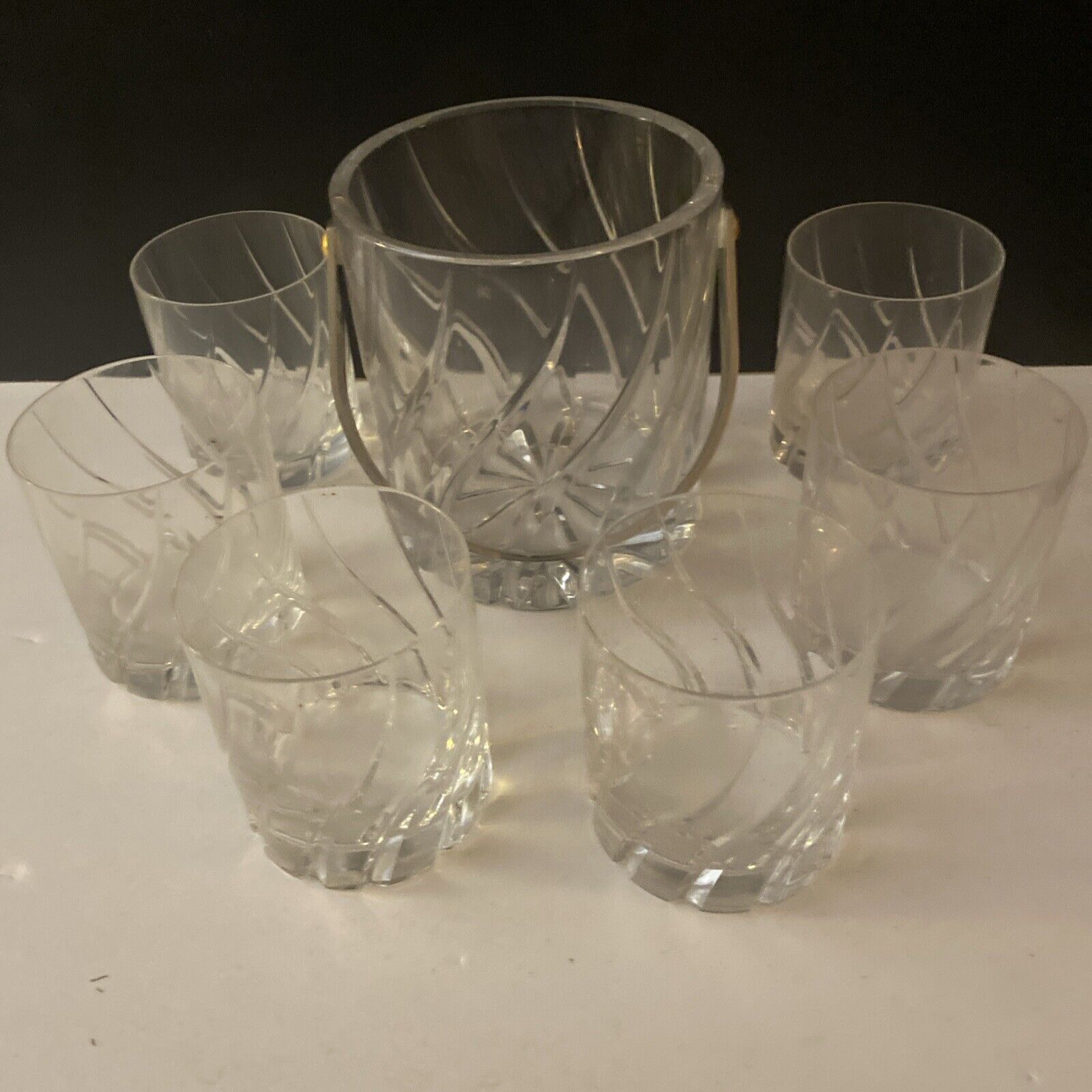MIKASA OLYMPUS Cut Lead Crystal ICE BUCKET WITH SILVER HANDLE + 6 glasses