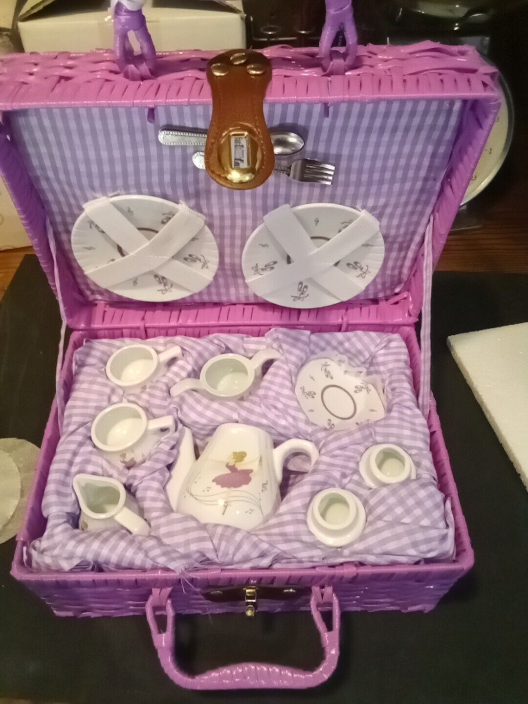 Tea Set/ Delton Porcelain Tea Set in Basket Purple Dancer 