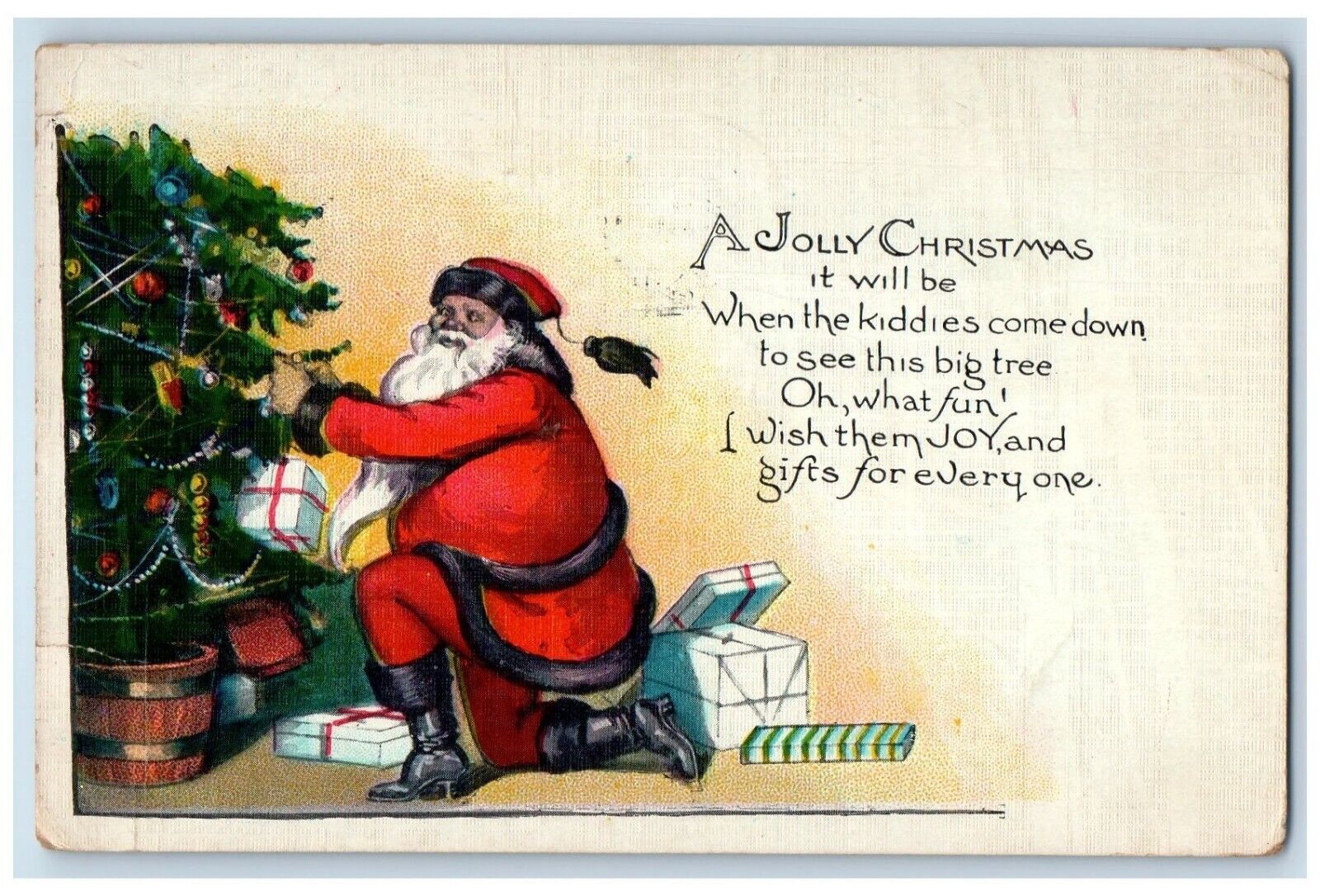 1924 Christmas Tree Santa Claus Decorated Gift Present Philadelphia PA Postcard
