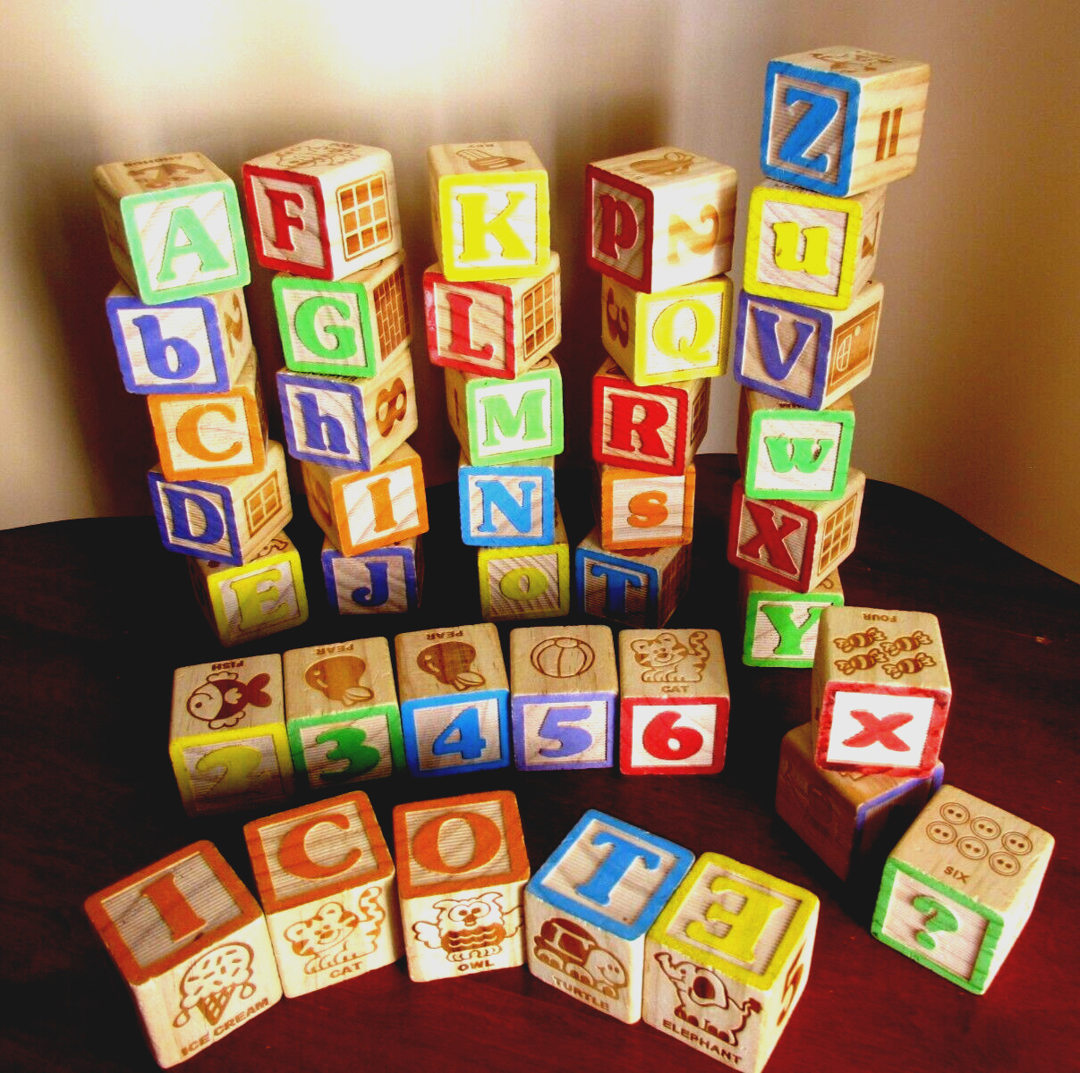 Playskool 2013 Hasbro Wooden Alphabet Blocks over 1.5” square 39 Total Used